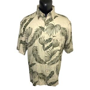 Bill Blass Tan Green Tropical Hawaiian Casual Button Up Shirt Short Sleeves L